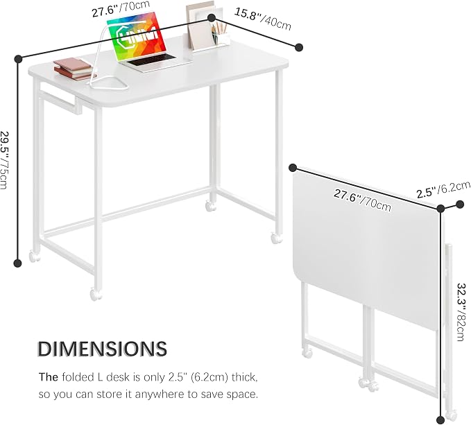 4NM 27.5" Mobile Small Rolling Computer Desk, Folding Laptop Cart Table with Wheels, Portable Office Desk for Small Space Couch Bed - All White - Image 3