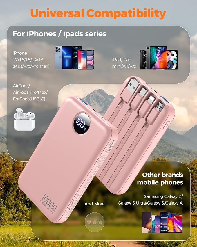 Portable Charger 10000mAh with 4 Built-in Cables 40% Smaller | Power Bank Fast Charging Battery Pack,LED Display Compact with Travel Charger for iPhone Other Devices-Pink - Image 4