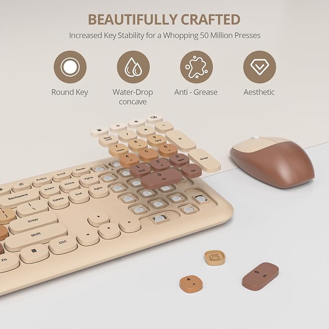 surmen Brown Quiet Keyboard and Mouse Wireless, Full-Size Retro Typewriter Wireless Cute Colorful Keyboard with Low-Noise 2.4GHz for Home and Office（Coffee - Image 3