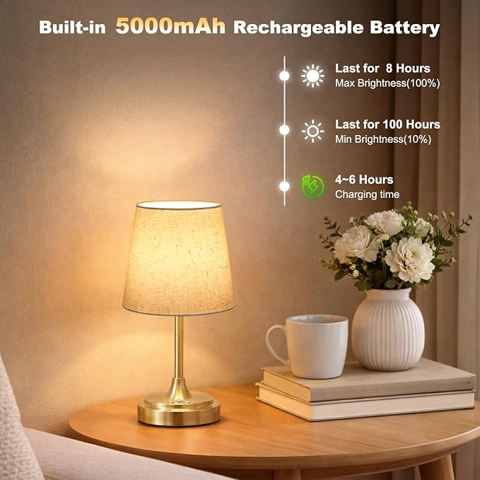 Wowag Small Cordless Table Lamp Rechargeable,5000mAh Battery Operated Desk Lamp,3 Colors & 7 RGB Stepless Dimmable,Touch Ambient Light for Bedside,Bedroom,Dining Room,Living Room,Gold,FlaxenShade - Image 5