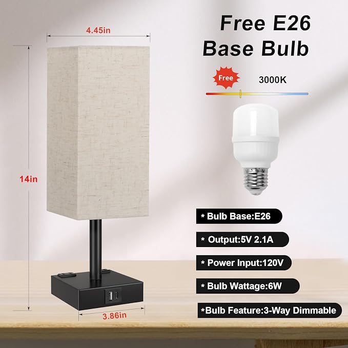 Beige Touch Table Lamp for Bedroom - Dimmable, USB C+A, 2 AC Outlets | 3-Way Dimming, 3000K Bulb Included, Square Beige Lampshade and Black Base, Desk Lamp for Nightstand, Living Room, Dorm - Image 5