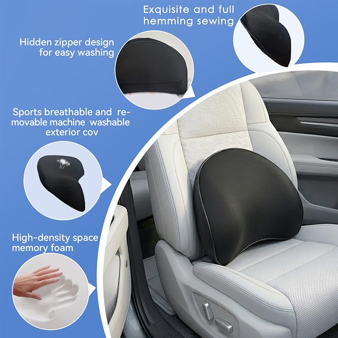 Really Supportive Lumbar Support Pillow for Car, Back Support Lumbar Pillow | 100% Memory Foam - Breathable Removable Cover, Ergonomic Design - Improve Sitting Posture & Back Pain Relief(Black, 1PC) - Image 2