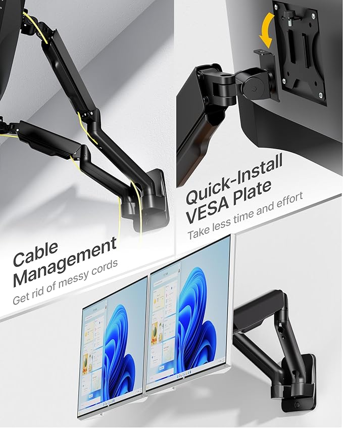 monTEK Dual Monitor Wall Mount, Full Motion Spring Arm for 17-32" Screen | Holds to 19.8 lbs Each, Heigt Adjustable Mechanical Spring Monitor Arm, 75x75/100x100 VESA Wall Mount, Wobble-free, Black - Image 4