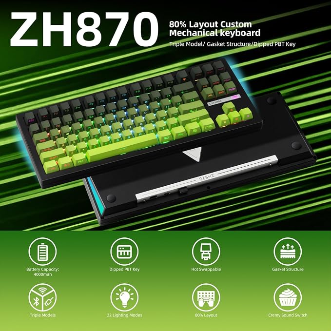 ZORNHER ZH870 Wireless Mechanical Gaming Keyboard,80% Green Custom Creamy Sound Keyboard with Shine Through PBT Keycaps,Pre-lubed Linear Switches,Hot-Swappable,RGB Backlit,2.4GHz/USB-C/BT5.0 - Image 2