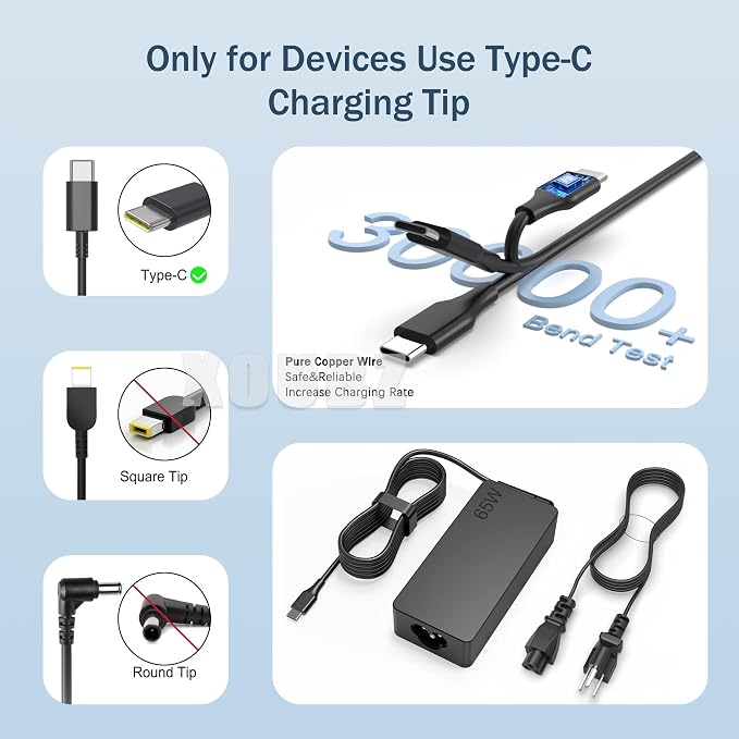 XOUBZ 65W UBS C Laptop Charger Compatible with Lenovo Thinkpad T480S T580S E480 E580 T14 T15 T16 E14 E15 X1 Carboon Yoga 7i 9i C930 C940 Chromebook C330 S330 300e Fast Power Adapter - Image 4