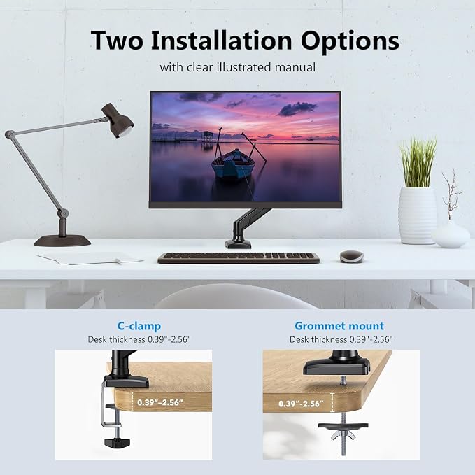 Single Monitor Mount for 13-32 Inch Screens, Gas Spring Monitor Arm with Height Adjustable VESA Bracket, Stand Holds 4.4-19.8lbs, Clamp and Grommet Installation - Image 7