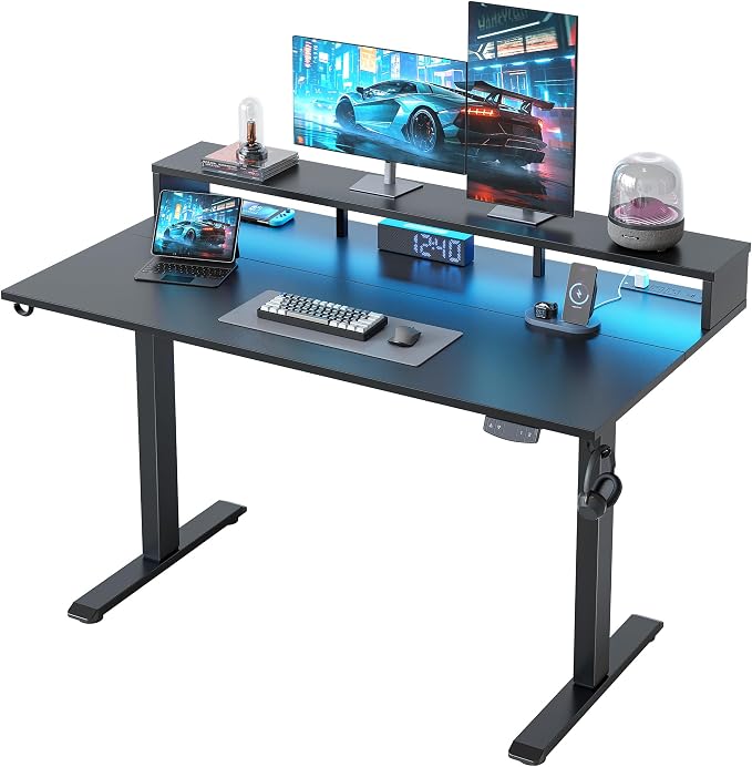 Klicelor Electric Standing Desk with Shelf, 55 Inch Height Adjustable Desk with Power Outlets & LED, Sit Stand Up Table with Monitor Stand, Computer Workstation for Home Office, Black by Unknown