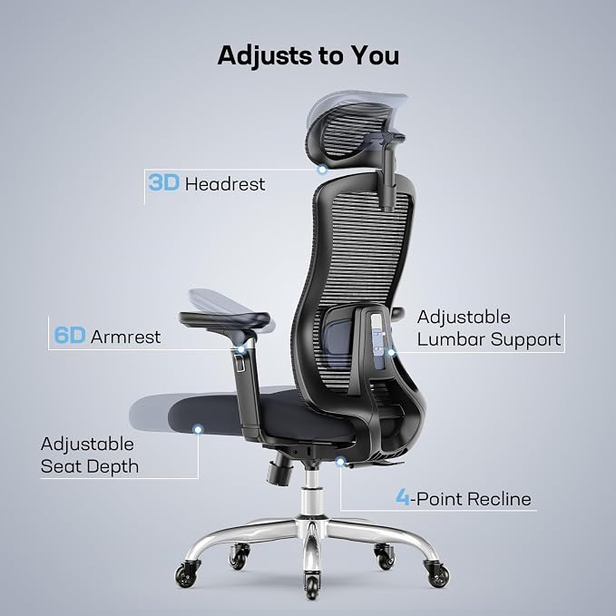 Marsail Ergonomic Office Chair with 6D Armrests, 3D Adjustable Headrest, Slide Seat, Lumbar Support, and 4-Position Tilt Lock – Big and Tall Office Chair with 330 lbs Capacity, Pack of 5 - Image 3