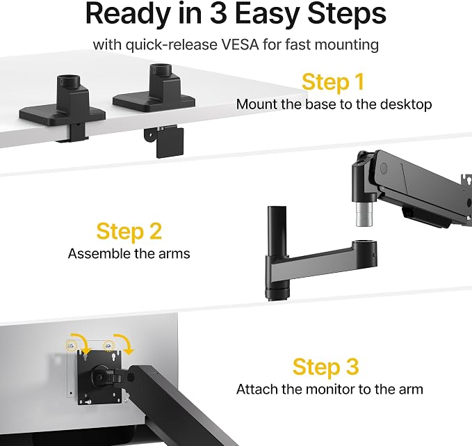 monTEK Tall Single Monitor Arm for 17 to 45 Inch Screen, Holds 35 Lbs | Adjustable Upgraded Heavy Duty Ultrawide Monitor Arm with C Clamp, Grommet Base, Cable Management, VESA 75/100mm - Image 7