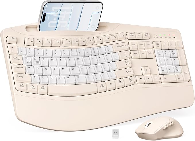 Wireless Keyboard and Mouse Combo, Ergonomic Wave Keys(Milk Tea-B) | 2.4G Full Size Keyboard with Wrist Rest, Phone Holder, 3-Level DPI Silent Mouse with 6-Buttons,for Windows/Mac OS/Laptop by Unknown