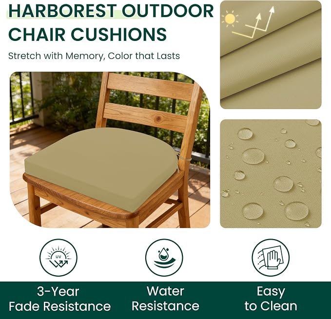 HARBOREST Outdoor Chair Cushions Set of 6, Water Resistant Patio Chair Cushions with Ties, Outdoor Seat Cushions for Patio Furniture, 17"x16"x2", Khaki - Image 2