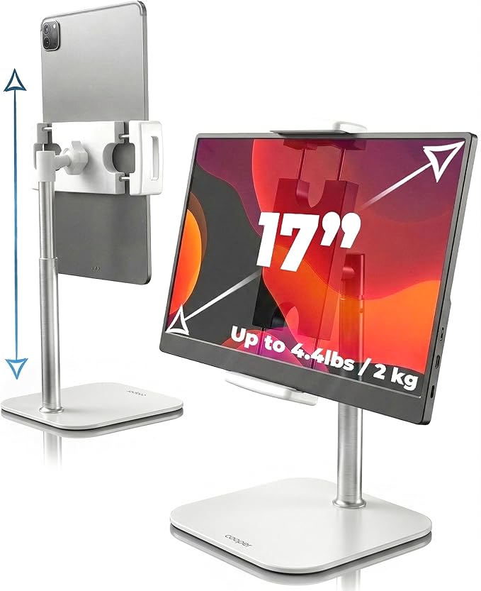 COOPER TabStand Mini 10" Tablet Stand, iPad Stand for Desk, Tablet Mount | 7.5-10" Adjustable, Weighted Base, Strong Grip, Portable Monitor Holder, Tripod iPad Holder; Fits Samsung, Kindle, iPad Pro by CooperCases