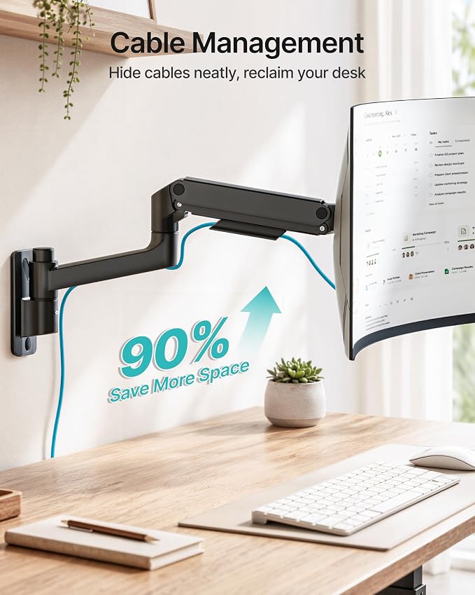 Single Wall Mount Monitor Arm for 17-49" Ultrawide Screens | Heavy Duty Wall Mount Stand Holds up to 44 LBS - Image 5
