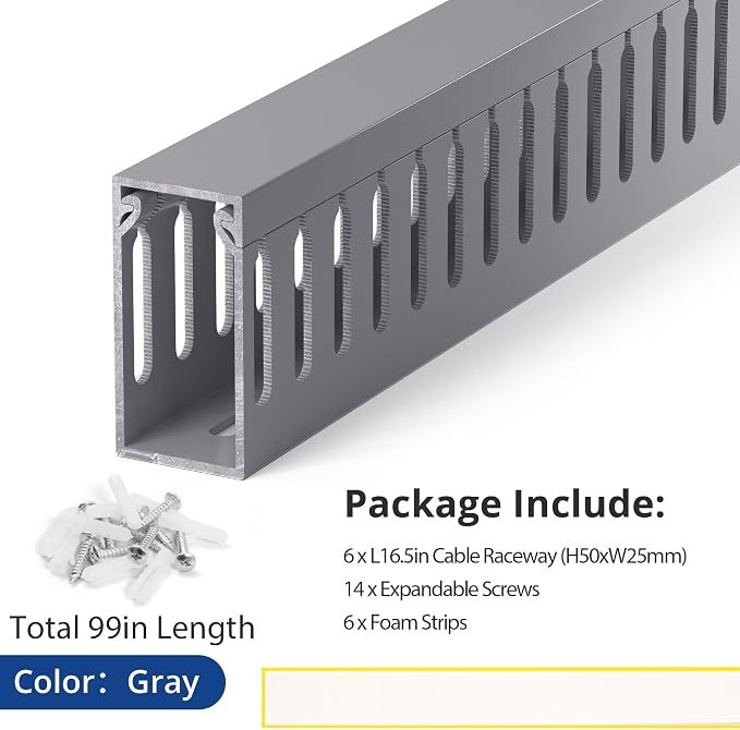 ZhiYo 2" H x 1" W Cable Management Raceway, 99in Under Desk Channel, Grey | Slotted Wire Duct, 6Pack, 16.5in Each, Heavy-Duty PVC Cable Management for Server Racks, Network Cables & Electrical Cabinets - Image 5