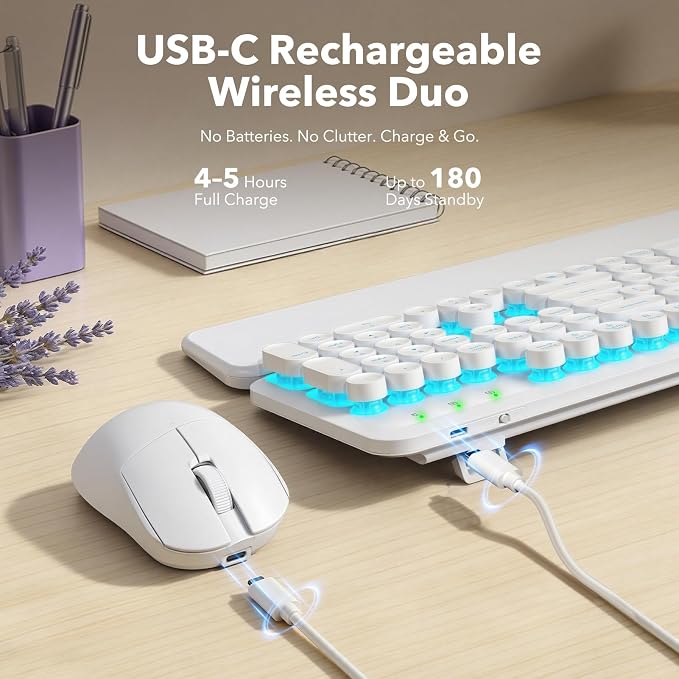 Wireless Keyboard and Mouse Combo, Backlit Round Keycaps, Retro Typewriter Keyboard with Detachable Wrist Rest, Rechargeable & Tilt Legs, 2.4GHz Cordless Connection for Windows/PC (Glowing White) - Image 5