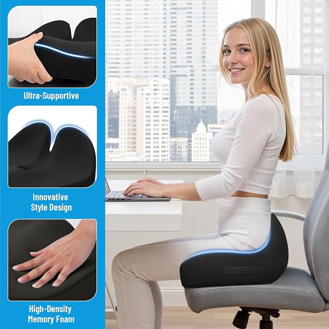 Memory Foam Seat Cushion, Ergonomic Office Chair Cushion for Long Sitting | Curved Tailbone Support Cushion for Car, Desk Chair and Wheelchair, Coccyx Comfort Pad with Breathable Cover, X-Large, Black - Image 4