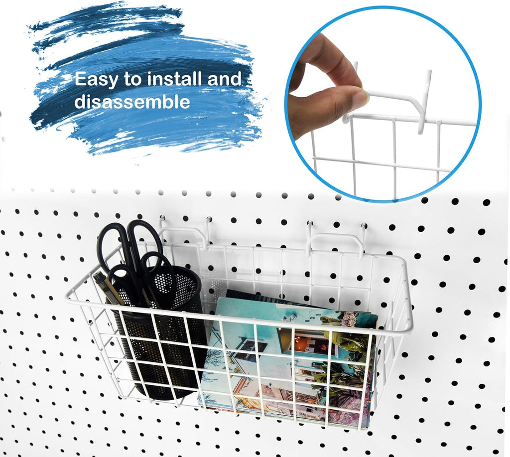 Pegboard Baskets 2 Pack Peg Board Metal Shelves Organizers (Medium, White) - Image 2