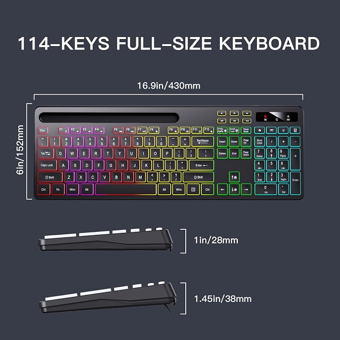 Soueto Wireless Keyboard with 7-Color RGB Backlit, Full-Size Computer Keyboard with Phone Tablet Holder, 2.4G Rechargeable Gaming Keyboard with Light Up Keys, Compatible with Mac, Windows (Black) - Image 8