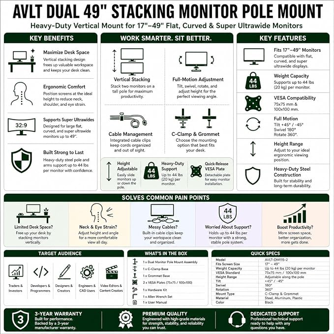 AVLT Dual 49 Inch Stacking Monitor Heavy-Duty Pole Mount - Black | Stack 44 lbs Super Ultrawide Screens Pole Height Tilt Swivel Rotate Adjustment C-clamp Grommet Mounting Base VESA Compatible - Image 9