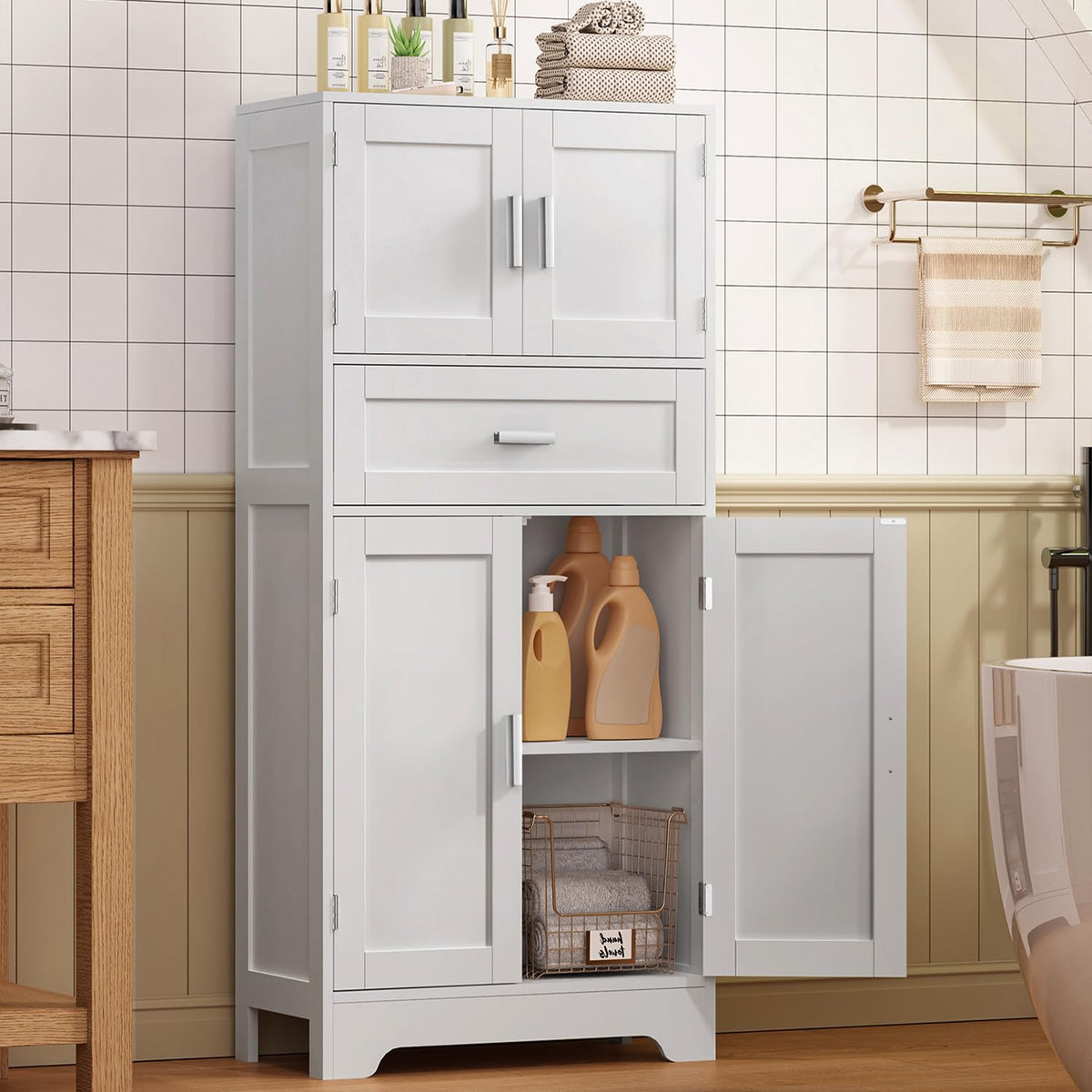 Bathroom Storage Cabinet with Adjustable Shelf & Large Drawer - Image 5