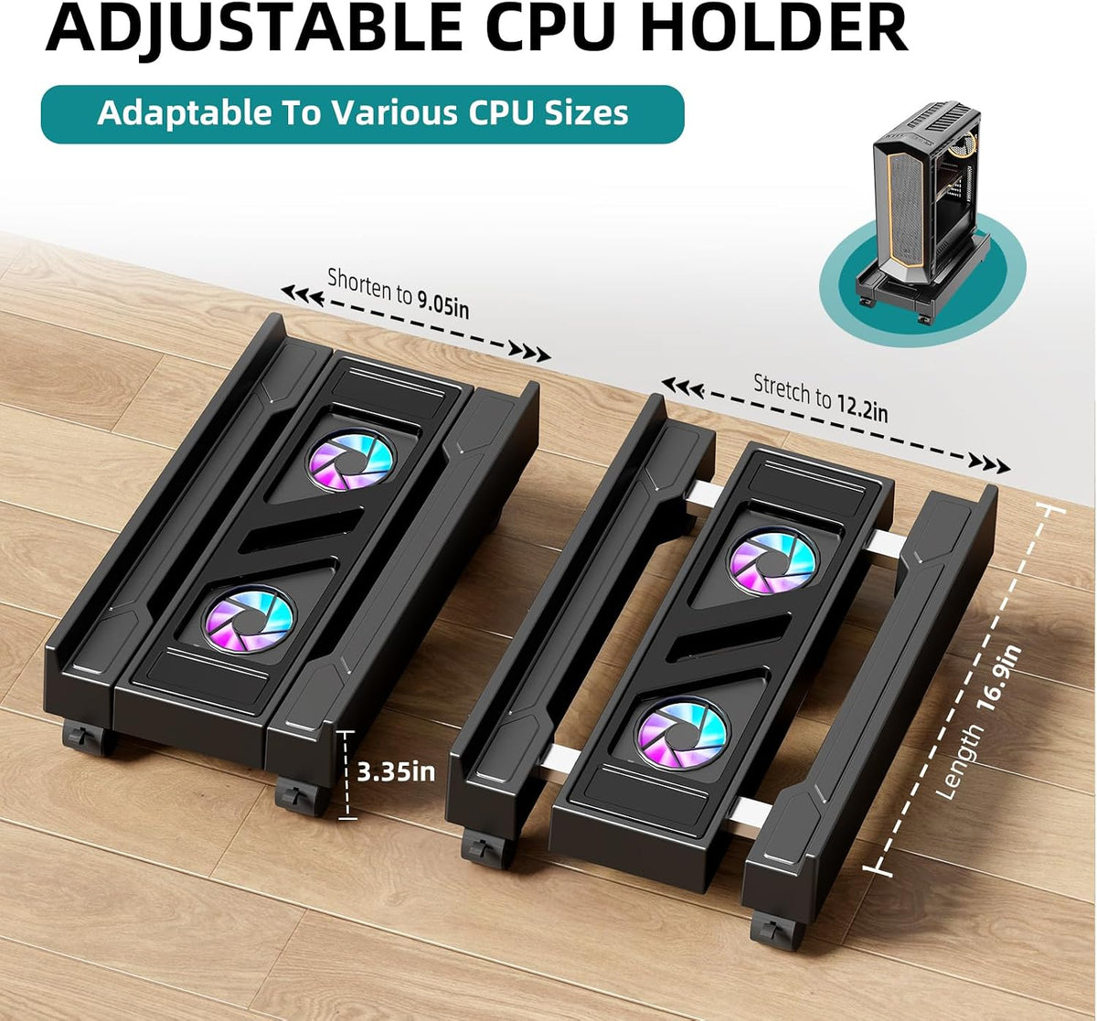 Computer Tower Stand with Cooling Fan, Adjustable Mobile CPU Holder - Image 2