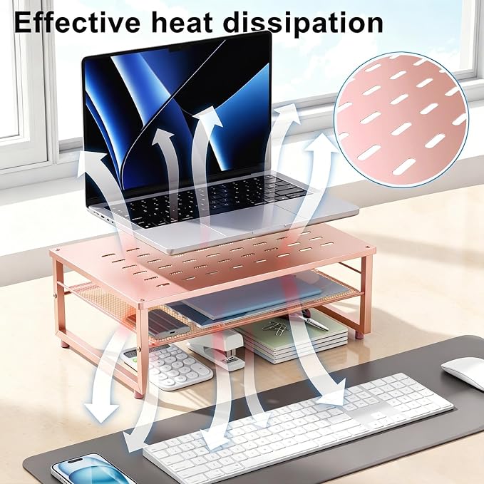 gianotter 2-Tier Metal Monitor Stand Riser | Desk Organizers and Accessories, Desk Organizer for Monitor, Office Desk Storage Organizer for Office Supplies (Rose Gold) - Image 3