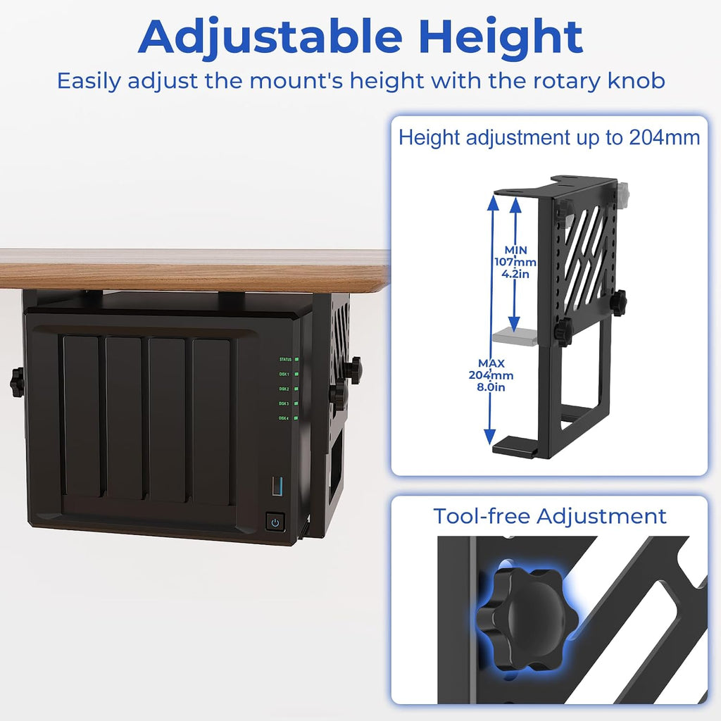 Metal Under Desk Mount for NAS Adjustable Mounting Bracket for Desktop NAS 1/2/4 Bay Network Attached Storage Under Desk Holder for NAS/Small PC/SFF Desktop Tower/CPU/UPS and More with Cable Ties - Image 3