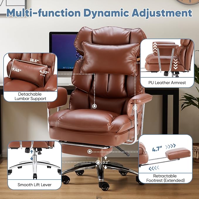 DUMOS Ergonomic Home Office Desk Chair, Executive Chair, PU Leather | Big Tall High Back, Lumbar Support, Reclining Height Adjustable, Computer Gaming, Footrest Swivel Wheels, Brown - Image 6