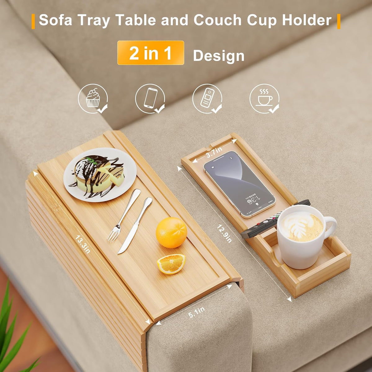 2 Pack Sofa Armrest Tray with Detachable Cup Holder Tray (Bamboo) - Image 3