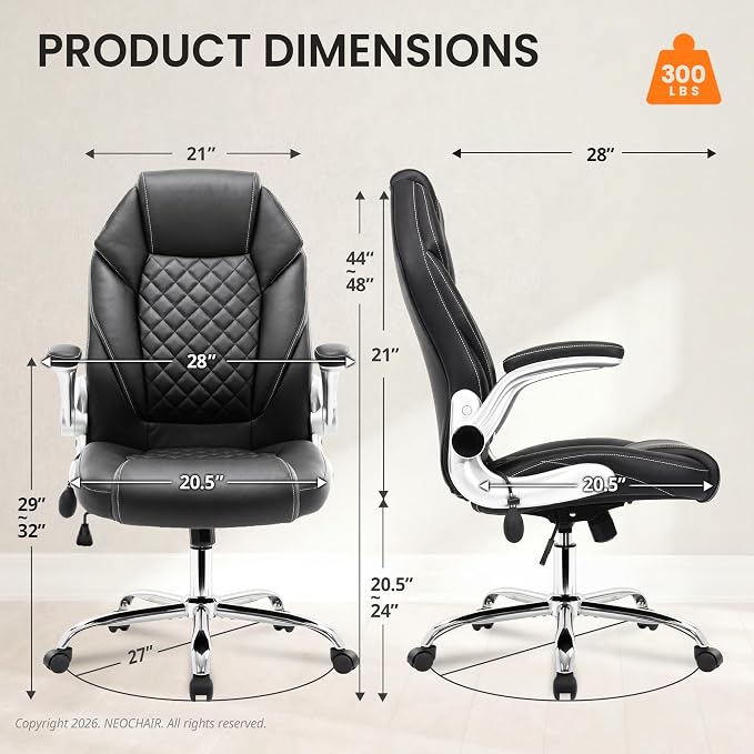 NEO CHAIR Ergonomic Office Chair, Executive Leather Chair, Lumbar Support | Executive Desk Chair with High Back, Flip-Up Arms and Wide Seat, Comfortable Gaming Chair for Home Office, Black - Image 3
