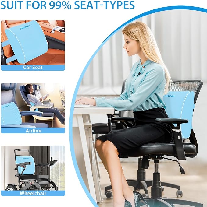 SweetSlubr Lumbar Support Pillow for Office Chair(Light Blue,XL) | 4.7" Thick, Memory Foam, Adjustable Straps, Machine Washable Mesh Cover, Lower Back Pain Relief for Office, Car & Gaming - Image 7