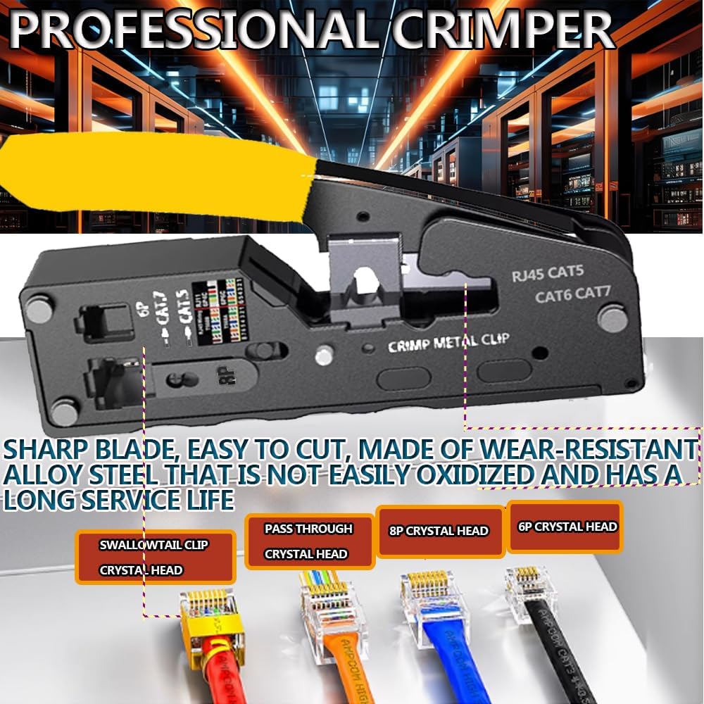 LEATBUY Crimper CAT5/CAT6 Crimping Tool Kit RJ45 Crimp Tool Set for RJ11/RJ12 Pass Through 50PCS Connectors, 50PCS Covers Network Wire Stripper Punch Down Tool Stripper Pliers Cutter (YELLOW) - Image 3