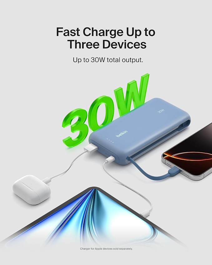 Belkin 20000mAh 30W USB C Power Bank, Portable Charger for iPhone & iPad | Fast Charging, Integrated USB C Cable, Eatra USB C Port, iPhone 17, iPad, Samsung Galaxy S26, Charge 2 Devices - Image 6