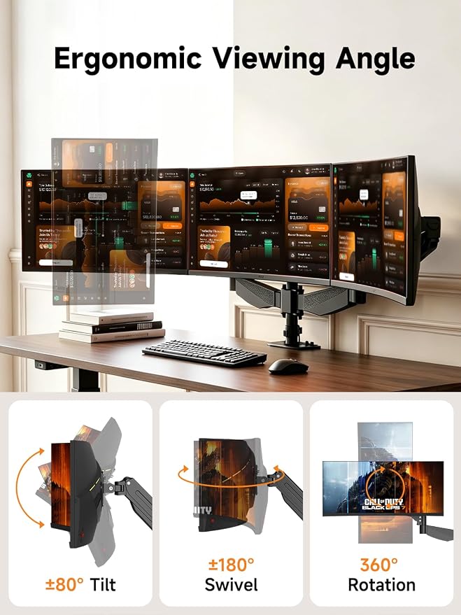 Triple Monitor Mount for 17 to 34 inch Screens, Holds up to 26.45lb, Adjustable Triple Monitors Stand for Desk with Tilt, Swivel, Rotation, Clamp & Grommet Kit, VESA 75/100mm, Black, MDX003P - Image 5