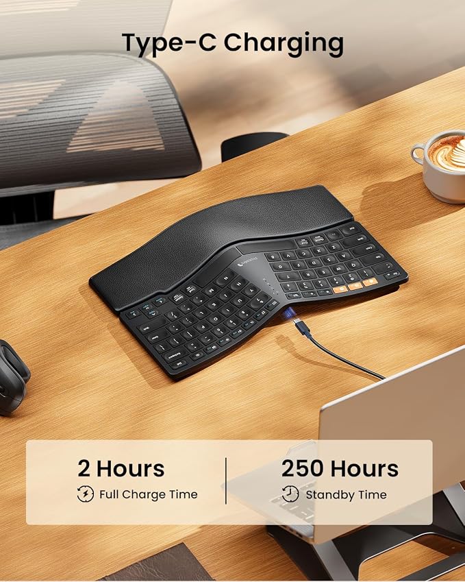 ProtoArc EK04 Mini Compact Wireless Ergonomic Keyboard - Black | Hard Palm Rest, 3-Device Bluetooth/2.4G, Split Design, Rechargeable, Compatible with Windows, Mac OS - Image 8