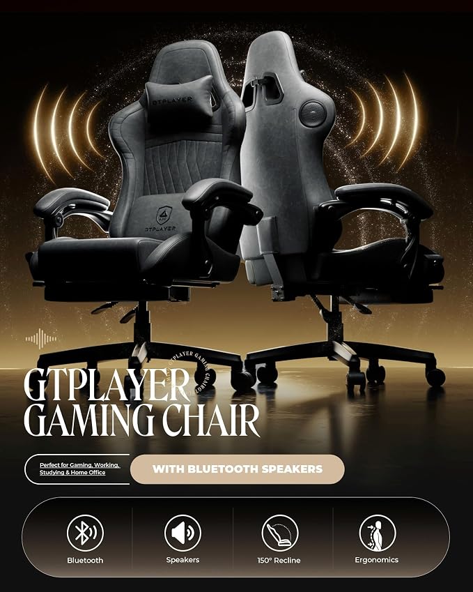 GTPLAYER Gaming Chair with Speakers, Video Game Chairs with Footrest, PC Gamer Chairs for Adults - Padded High Back Ergonomic Reclining Silla Gamer, Linkage Armrest, Ace Pro, Grey - Image 4