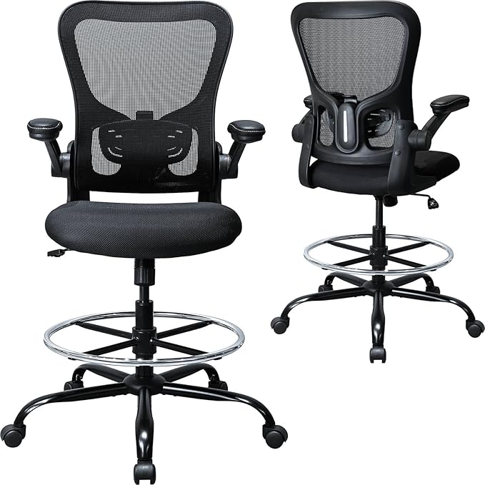 Drafting Chair, Ergonomic Tall Office Chair for Standing Desk, Counter Height Desk Chair with Adjustable Padded Armrests and Footrest Ring Standing Desk Chair Adjustable Height with Lumbar Support by TOPBSHODC