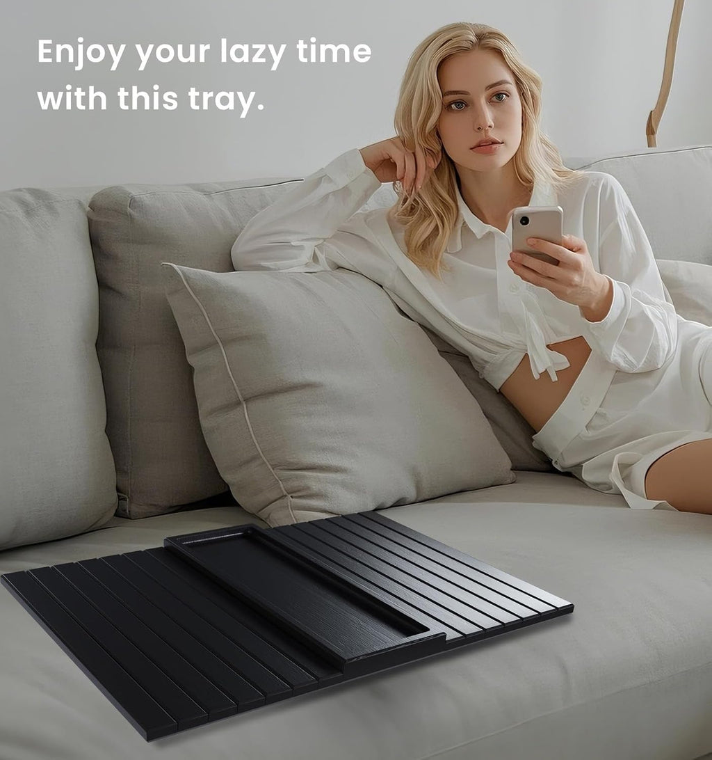 Bamboo Folding Sofa Arm Tray with Anti-Slip Pad (Black) - Image 5