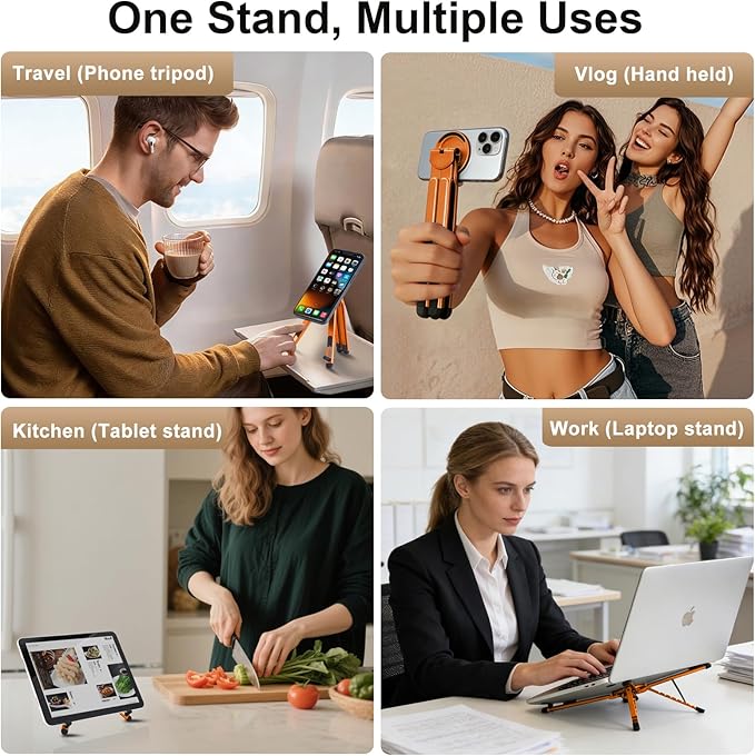 3-in-1 Foldable Magnetic Phone Tripod Stand, Portable Aluminum Alloy Adjustable Holder for Tablet, Laptop MacBook Pro/Air 10–16", Magnet Phone Mount Compatible with MagSafe iPhone Android - Image 5
