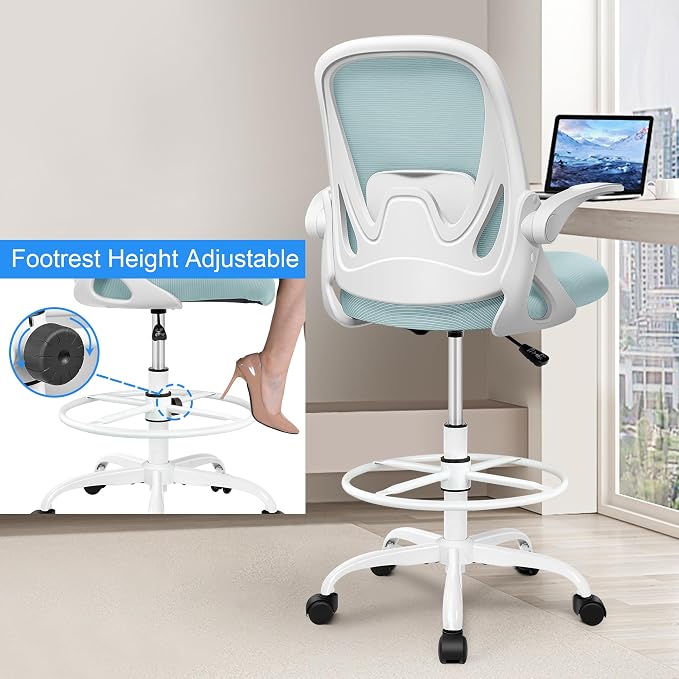 Drafting Chair Tall Office Chair with Flip-up Armrests, Adjustable Height, and Enhanced Lumbar Support - Ergonomic Rolling Stool, Back Support, and Adjustable Foot Rest Ring Light Blue - Image 4