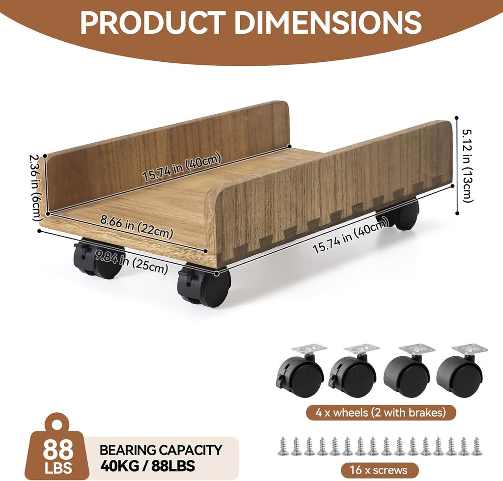 KIRIGEN Wood Computer Tower Stand with Wheels, Rolling PC Cart, Brown - Image 3