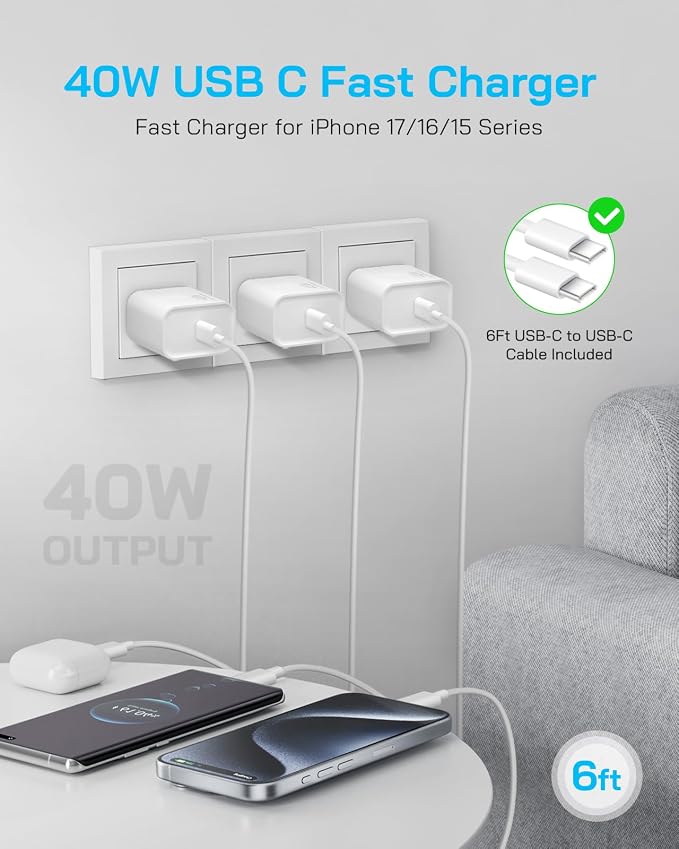 GUUSMART 40W iPhone 17/16/15 Charger Fast Charging 3 Pack Type C Chargers | USB C Charger Block for iPhone 17/16/15 Pro Max, 17/16/15 Plus, iPad Pro with Long 6 FT iPhone Charger USB C Cable-White - Image 4