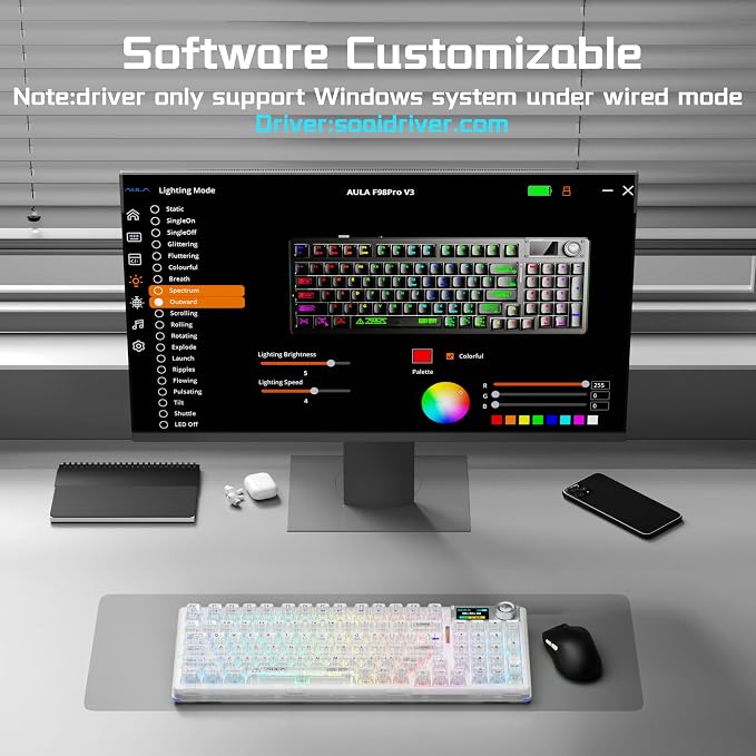 Aula F98Pro V3 Wireless Mechanical Gaming Clear Keyboard with Screen & Knob | Triple-Mode Hot Swappable, Gasket Mount Linear Switches, Clear Keycaps RGB Backlit, TFT Screen 10000mAh Battery for PC/Office - Image 9