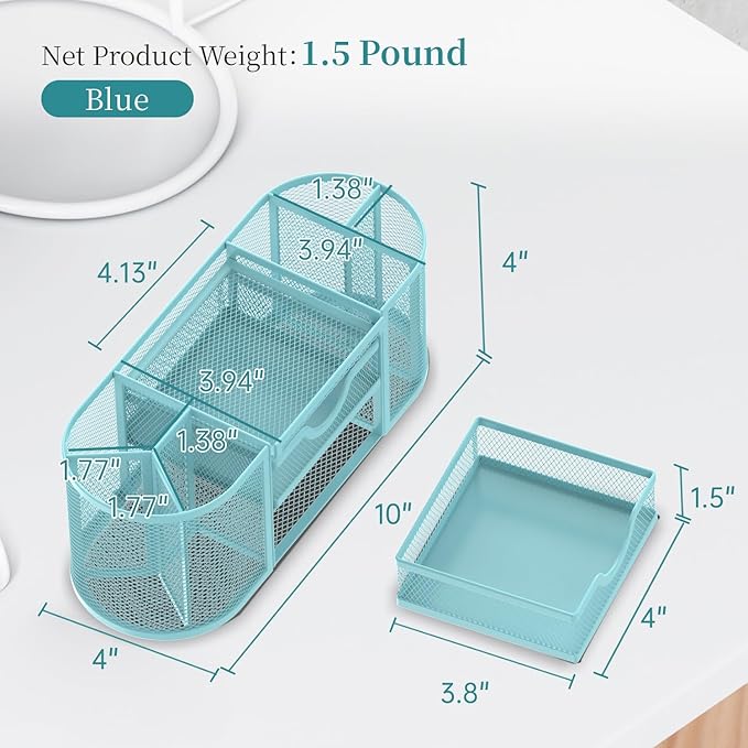 Mesh Desk Organizer, Pen Holder for Desk with 2 Drawers, Blue | Desk Organizers and Accessories with 8 Compartments and 2 Drawers, Pencil Holder for Desk for Small Office Supplies - Image 3