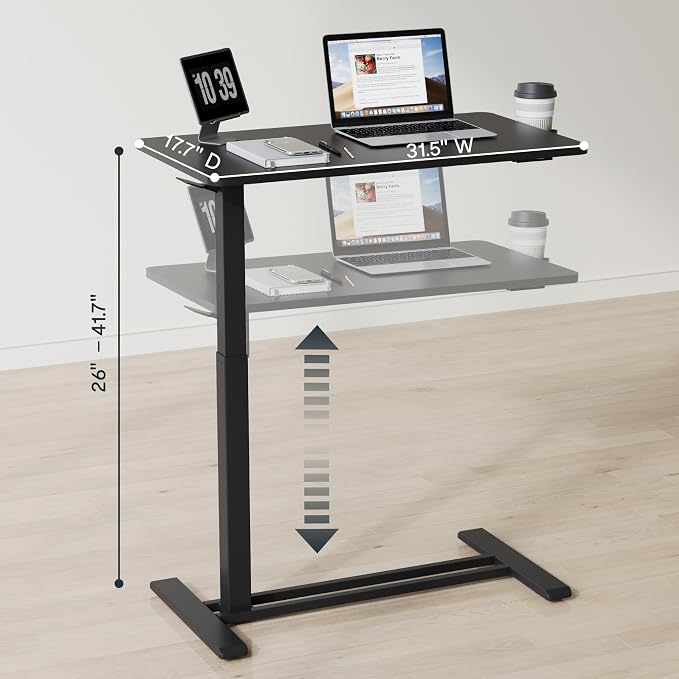 FLEXISPOT H7 32" Pneumatic Height-Adjustable Overbed Table with Wheels | C-shaped bedside table,Medical End Table,Rolling Cart TV Tray,Laptop desk for Hospital Home office use,31.5"Wx17.7"D,Black - Image 2