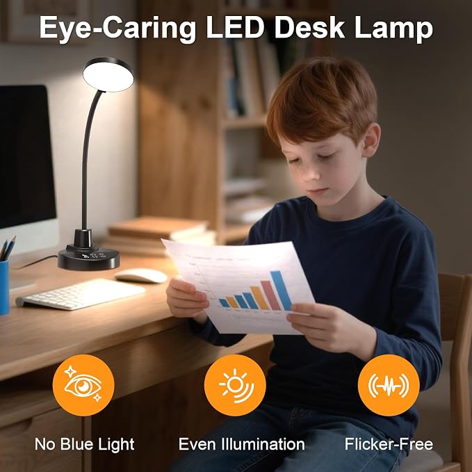 15W LED Desk Lamp with USB Charging Ports – Dimmable Table Lamp with 3 Color Temps, 5 Brightness, 4 Timers, Flexible Gooseneck Light with Base, Eye-Caring Reading Light for Home Office, Bedroom, Study - Image 3