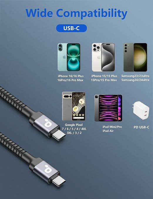 Extra Long USB C to C Cable 15FT, 100W USB C Cable Fast Charging, Upgraded | Extra Durable Braided USB C Cord for iPhone 17 16 15 Pro Max, MacBook Pro, Samsung Galaxy S10 S9 Plus, LG and More-2Pack - Image 8