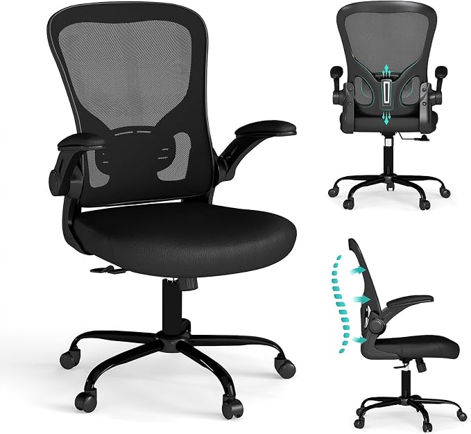 Flysky Mesh Office Chair, Ergonomic Computer Desk Chairs (Black, Set of 1) | Comfy/Comfortable Flip-up Arm Rests, Lumbar Support, Height Adjustable, 360 Degree Rolling Swivel for Home Office by showyourstyle