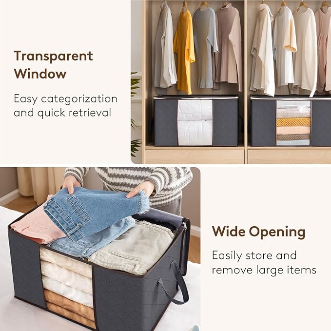 Lifewit 4 Pack 90L Clothes Storage Bins with Lids, Foldable Blanket Storage Bags with Zippers, Clear Window and Reinforced Handles, Closet and Organization for Clothing, Sweater, Comforter, Bedding - Image 6