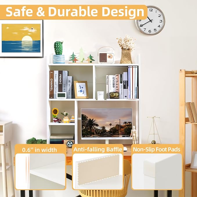deli Desktop Shelf, Desk Hutch with 5 Shelves for Computer Desk, White | 3-Tier Desktop Display Rack, Multipurpose Wood Desktop Bookshelf Storage Organizer for Dorm Office Home - Image 4